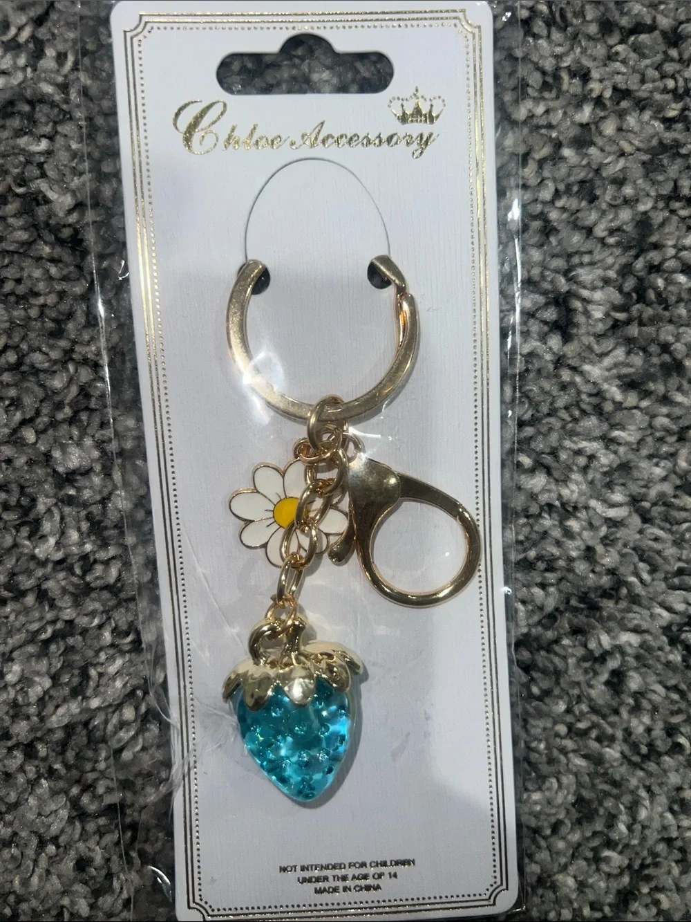 Gold Keyring with Turquoise Strawberry & White Daisy Charm